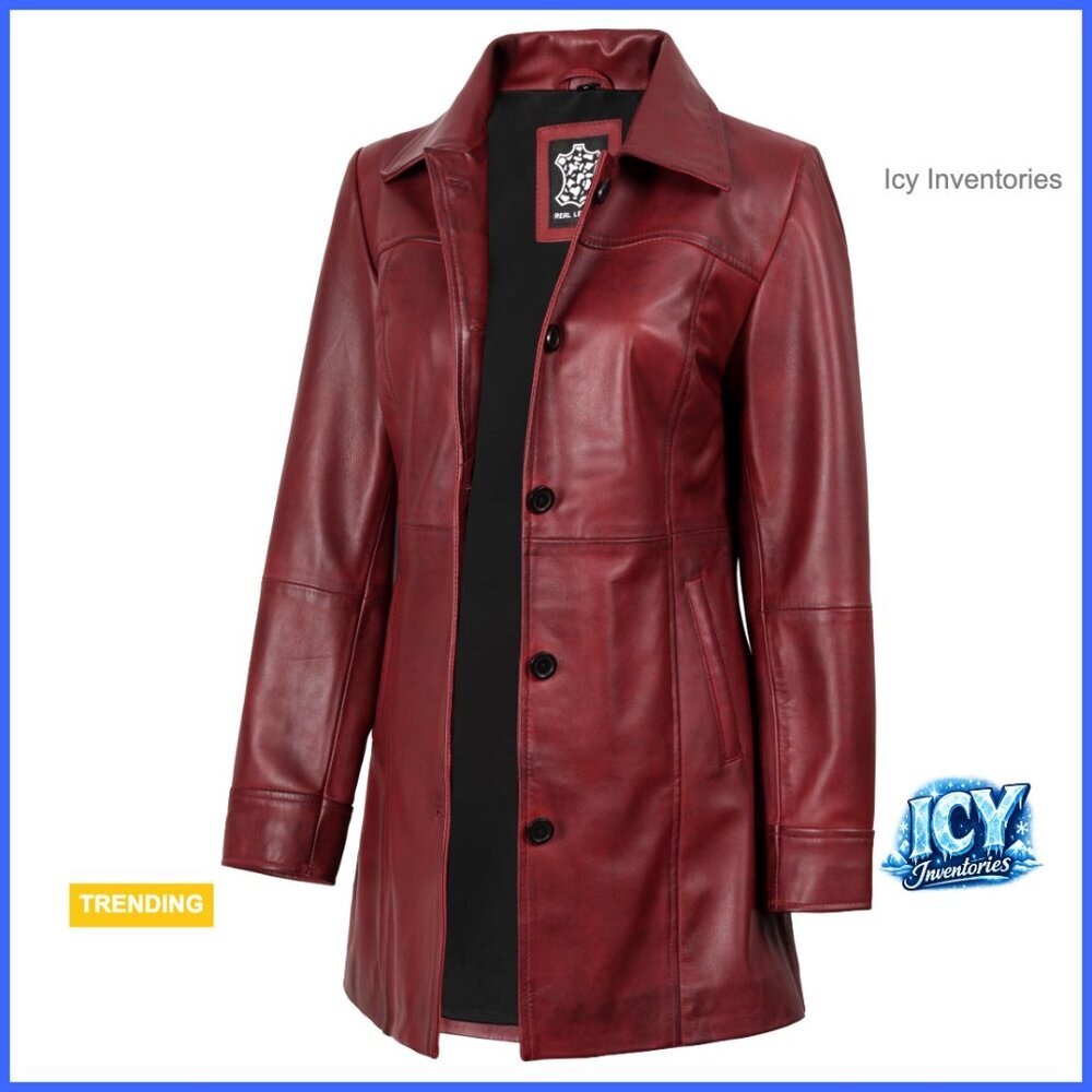 Lambskin Leather Jacket Vintage Style Long Trench Coat Women - Picture 1 of 7